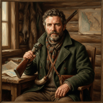 A bearded man in warm clothing holding a shotgun inside a wooden cabin with maps