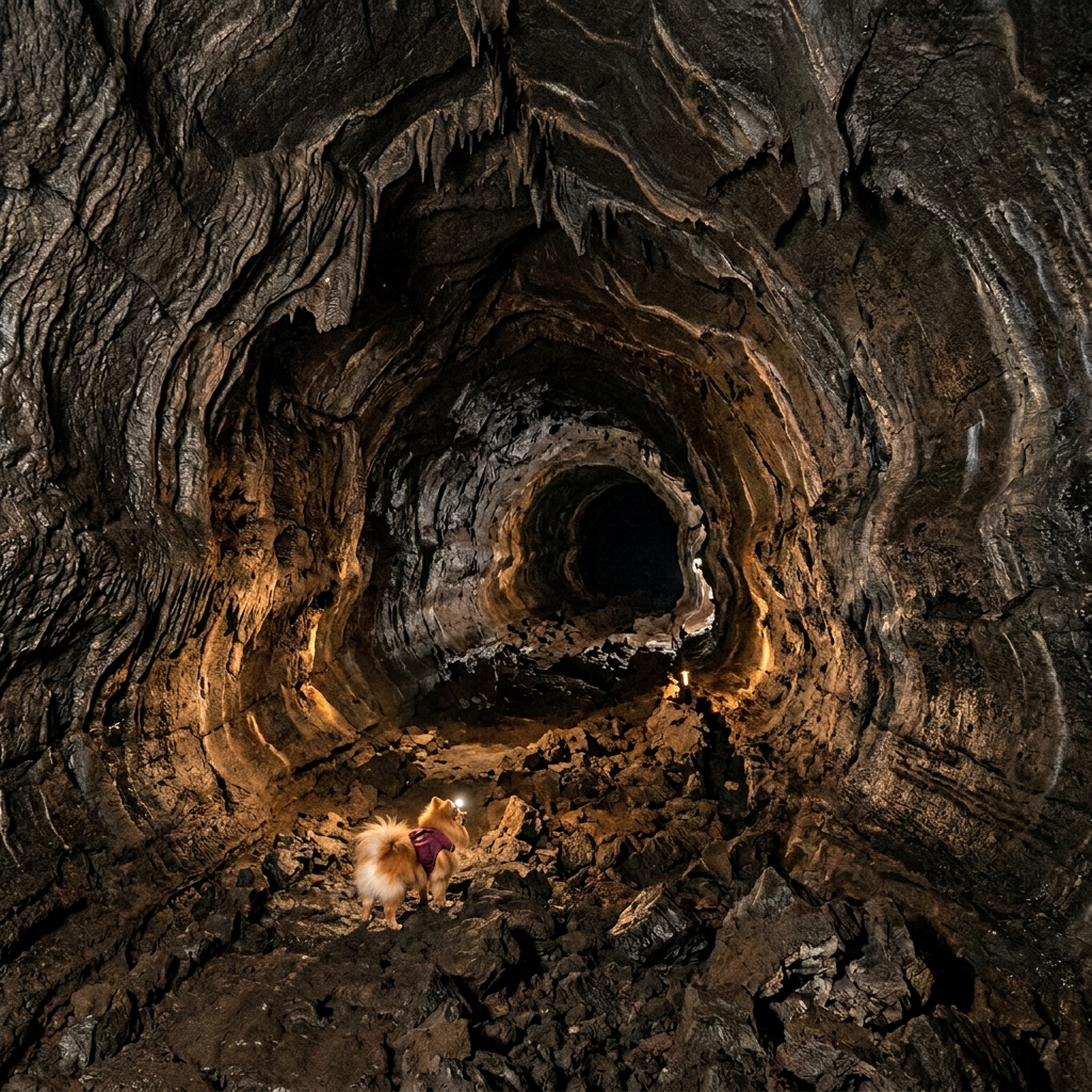 Two people walking inside a rocky lava tube cave with headlamps